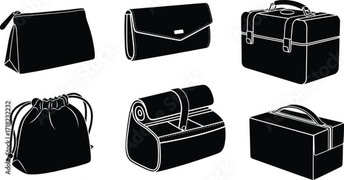Cosmetic pouch and clutch silhouette set, stylish makeup and travel case vector collection