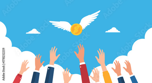 People Reaching for a Flying Golden Coin with Wings in the Sky.