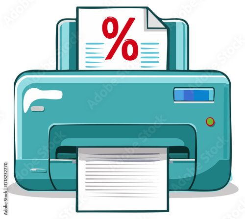 Cartoon printer printing a financial document with a large red percent sign