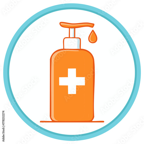 Antiseptic hand sanitizer pump bottle with a medical cross symbol. Hygiene and health protection icon.