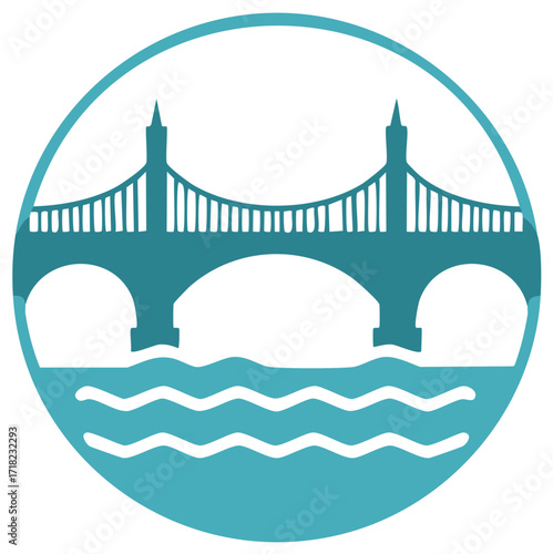 Teal Bridge with Waves in a Circle, River Crossing Icon, City Landmark Silhouette