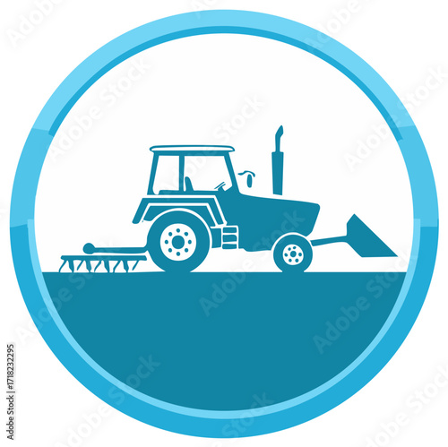 Blue tractor icon with harrow and blade inside circular frame illustration