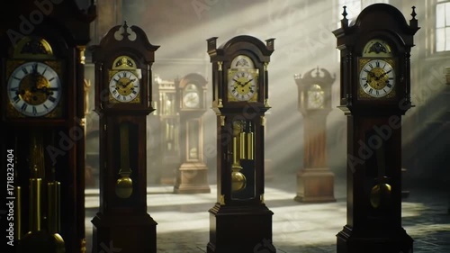 Cinematic Journey Through a Mysterious Hall of Antique Grandfather Clocks Bathed in Sunlight.