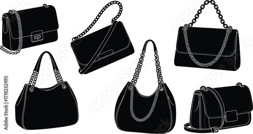 Elegant handbags with chain straps, crossbody and shoulder purses, luxury fashion accessories vector illustration