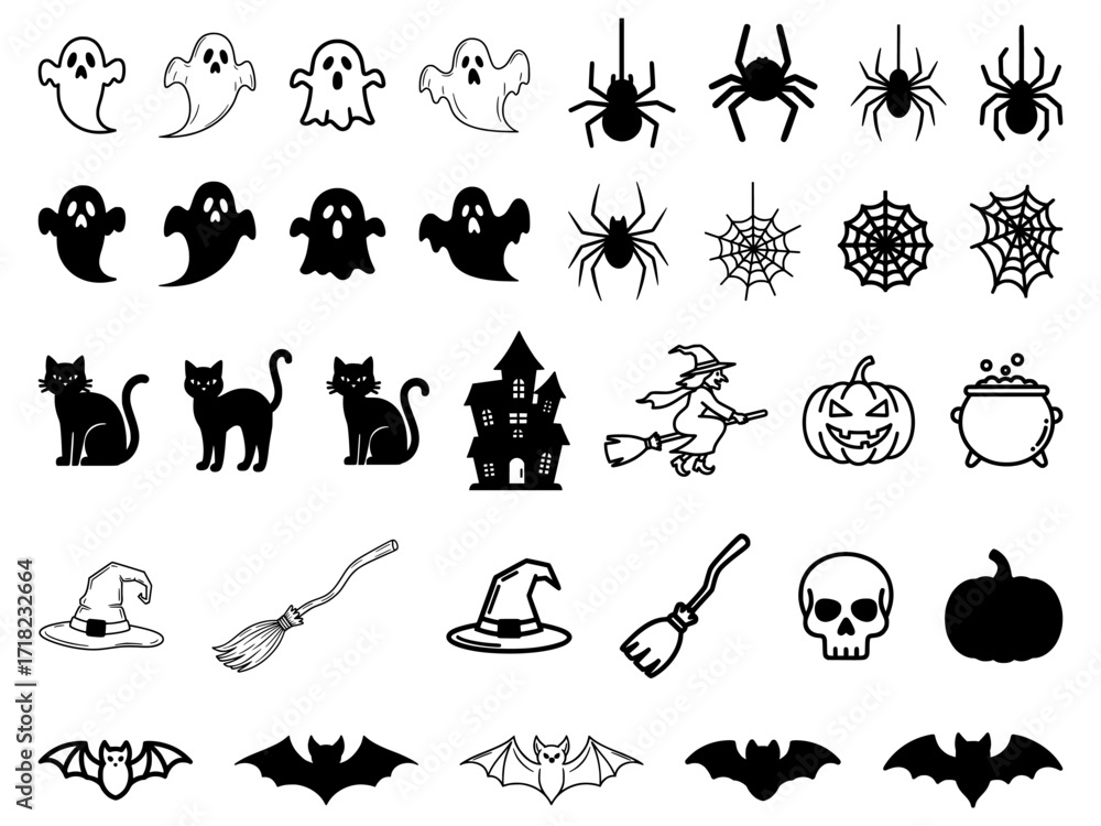 Naklejka premium A comprehensive set of Halloween themed icons including ghosts, spiders, bats, pumpkins, witches, and haunted houses. Perfect for festive designs.