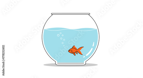 A single goldfish swims in a clear glass fishbowl filled with blue water.