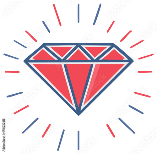 Red Diamond with Blue Outline and Sparkles Concept Gemstone Symbol