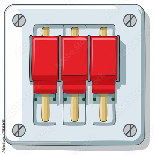 Electrical triple pole disconnect switch with red levers, illustration.
