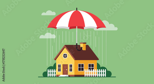 House Protected by Umbrella from Rain Illustration.