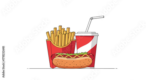 Fast food meal with hot dog french fries and soda drink.