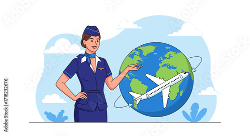 Stewardess with Airplane flying around the Earth globe.