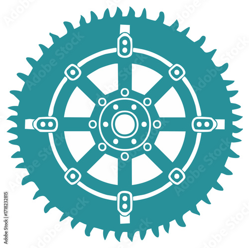 Teal spiked wheel with white geometric structure and eight spokes on a white backdrop.