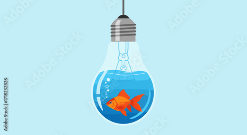 Goldfish Swimming Inside a Light Bulb Filled with Water.