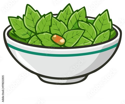 Cartoon salad bowl filled with fresh green leaves and a small pill