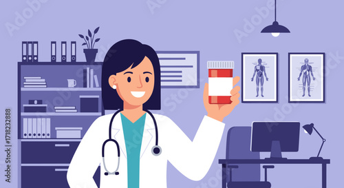 Doctor holding medicine bottle in clinic office.