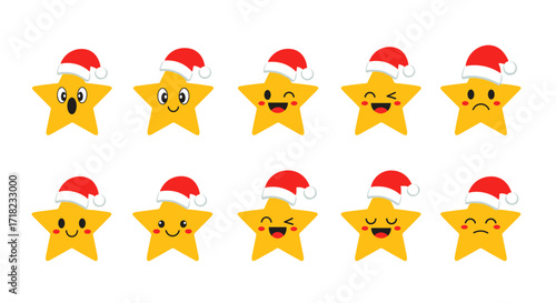 Cute Christmas Stars with Santa Hats Expressing Different Emotions.