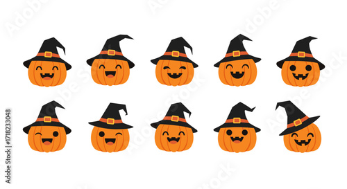 Cute Halloween Pumpkins Wearing Witch Hats Collection.