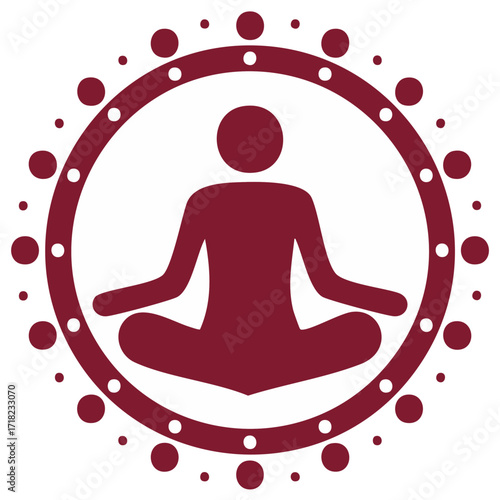Maroon icon of a person in a yoga lotus pose inside a decorative dotted circle