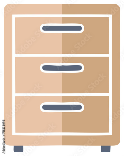 Simple flat illustration of a wooden three-drawer filing cabinet for office storage and organization