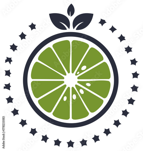 Lime slice emblem with leaves and star circle for food or beverage branding