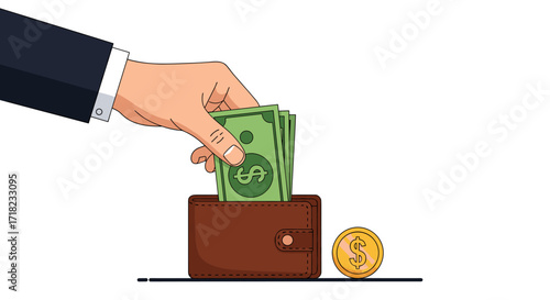 Hand putting money into wallet with coin nearby.
