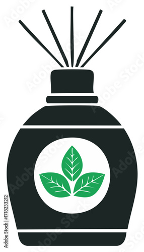 Herbal aromatherapy reed diffuser bottle with green leaves logo vector icon