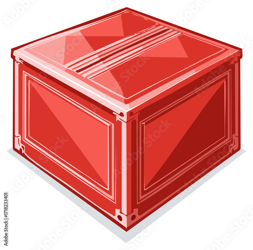 Shiny red treasure chest or mystery box in a glossy, ornate isometric vector style