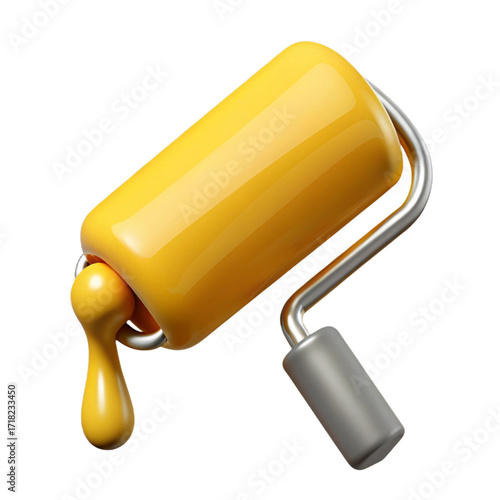 Yellow paint roller dripping bright yellow liquid isolated on a transparent background image