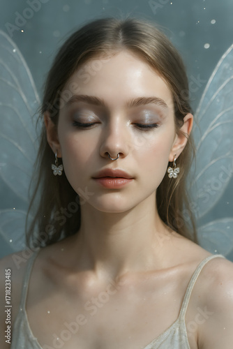 Celestial Dream: A serene portrait of a ethereal woman, gracefully posed with closed eyes, adorned with delicate butterfly earrings and translucent fairy wings.
