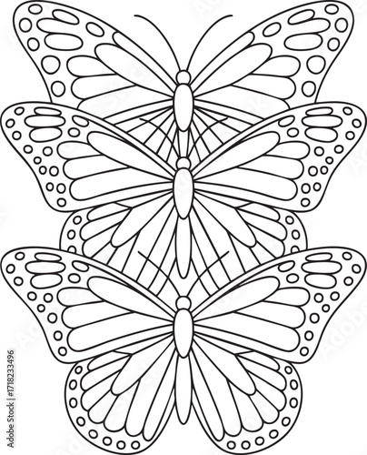 Three butterflies stacked vertically in a black and white line drawing style for coloring book design