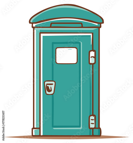 Teal portable toilet with a window and door on a brown surface