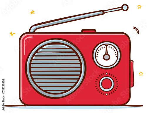 Retro red radio with antenna and dial, broadcasting music and sound waves