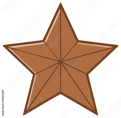 Glossy Bronze Five Pointed Star Symbol with Radial Lines and Outline