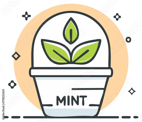 Cute cartoon icon of a mint herb plant growing in a labeled pot under a dome