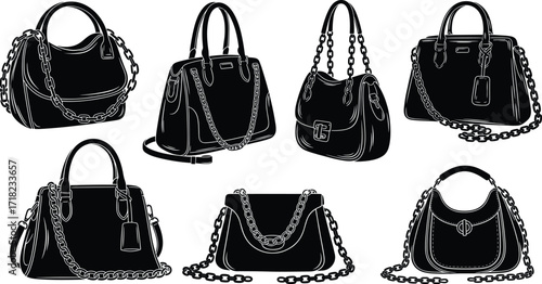Luxury handbags with chain handles and straps, tote and shoulder purse fashion accessory set, vector illustration
