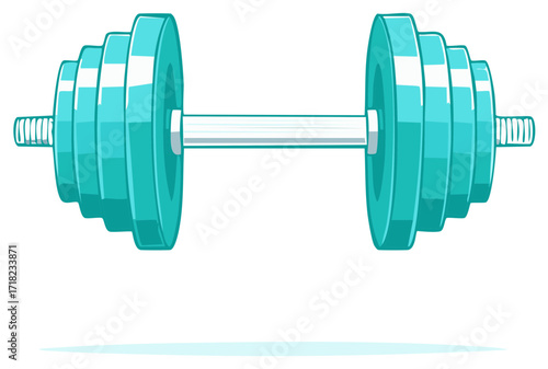 Turquoise barbell with stacked weight plates and a silver bar, gym equipment