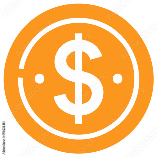 Simple orange coin icon design with white dollar symbol and two inner dots
