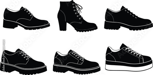 Men and women shoes silhouette set, fashion footwear icons, lace up boots and sneakers collection, casual dress shoes, vector illustration