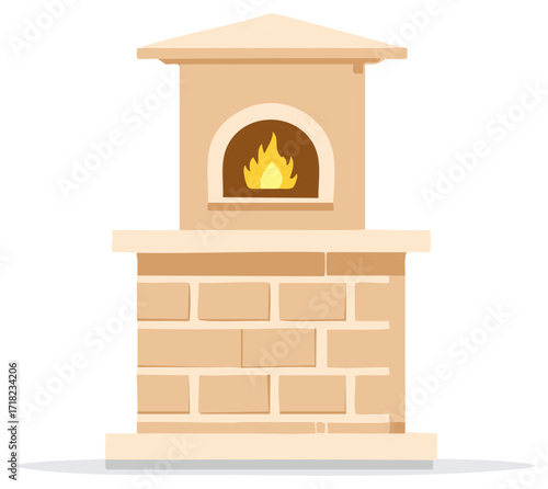 Traditional wood fired oven with glowing flames and stone construction