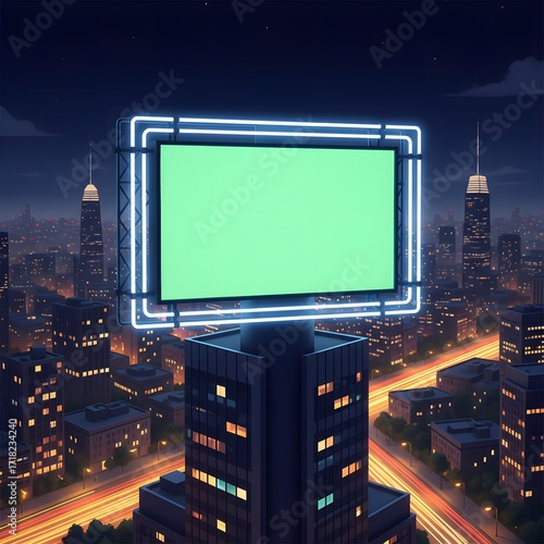Large illuminated billboard on a skyscraper in a city at night with motion blur from traffic