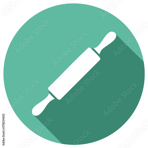 White Rolling Pin Icon on Teal Circle Background Baking Utensil for Cooking and Baking