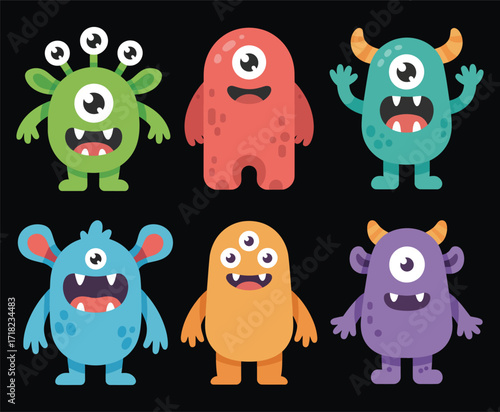Cute Monster Icon Set – Happy Halloween, Cartoon Kawaii Colorful Scary Funny Characters with Eyes, Tongue, Hands Up, Baby Collection, Sticker Print, Flat Design on Black Background