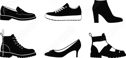 Shoes silhouette set, women pumps, sneakers, ankle boots, lace up boots, loafers and sandals collection, vector illustration