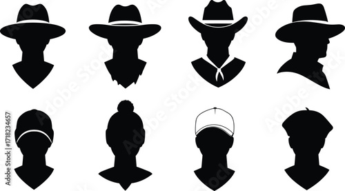 Silhouette profiles of people in diverse hat styles, fashion headwear collection vector illustration