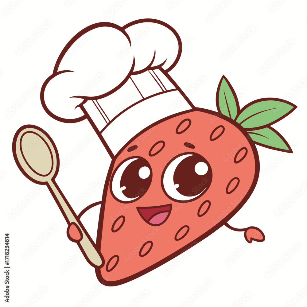 Obraz premium Cartoon strawberry chef with a spoon isolated on a