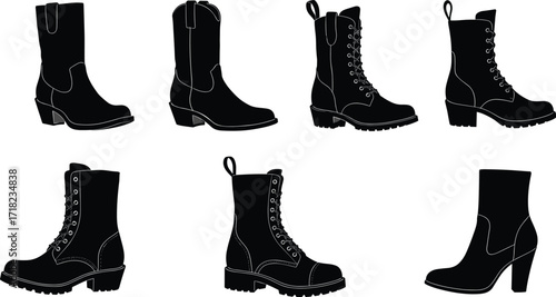 Silhouette set of stylish boots in varied designs, fashion footwear collection vector illustration