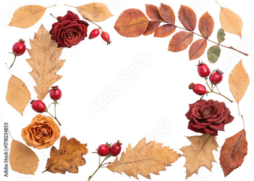 frame of dried roses, leaves and berries on white