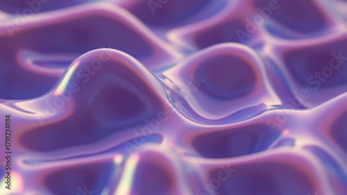 Vibrant 4K digital simulation of a flowing holographic substance, featuring an abstract background of iridescent purple waves and glossy texture