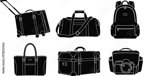 Travel bags silhouettes, suitcase, duffel, backpack, tote, trunk and camera bag collection, vector illustration
