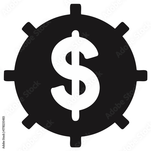 Black gear with white dollar sign inside, representing financial system, industry, or economy